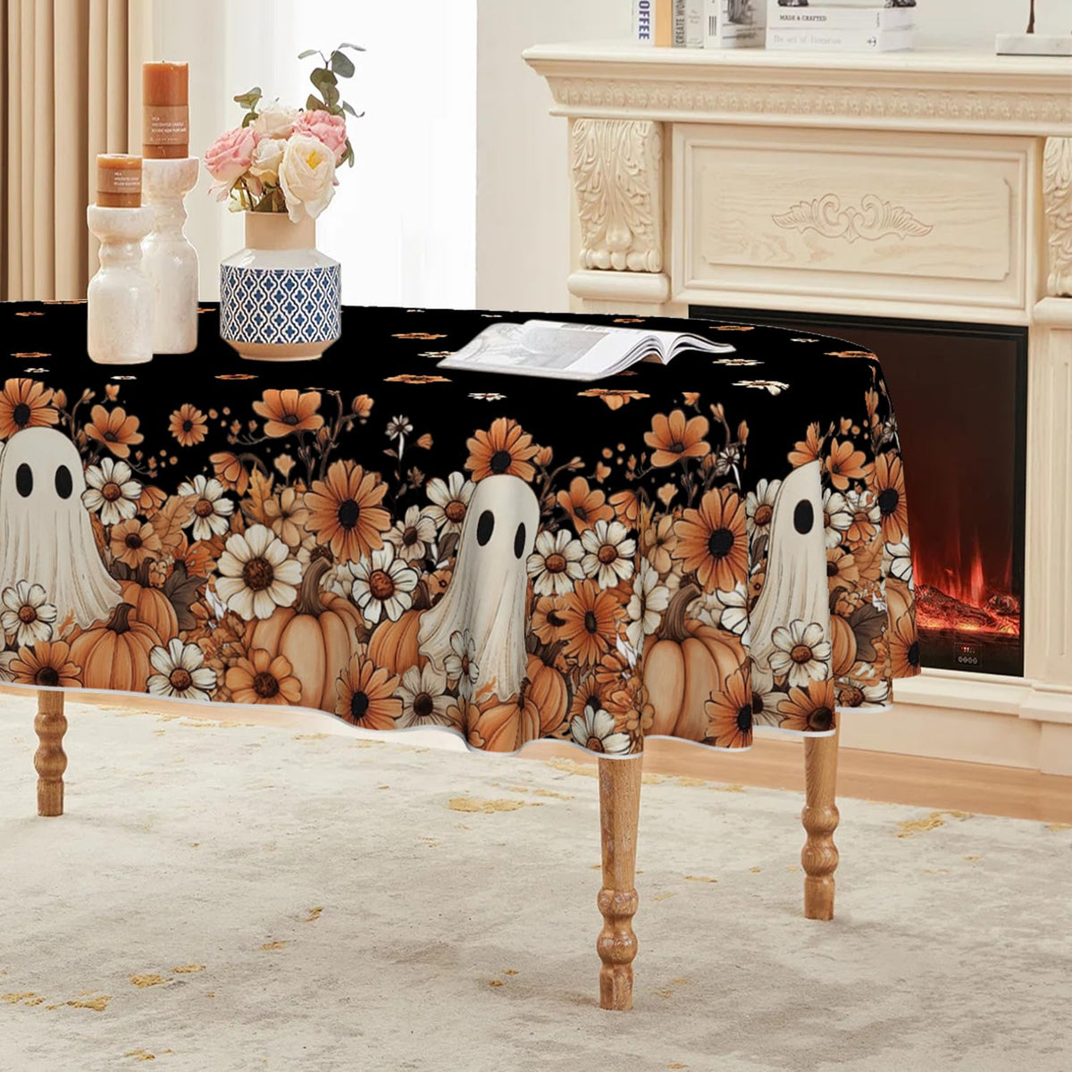 Horaldaily Halloween Tablecloth 60 x 84 Inch Rectangular Ghost Flower