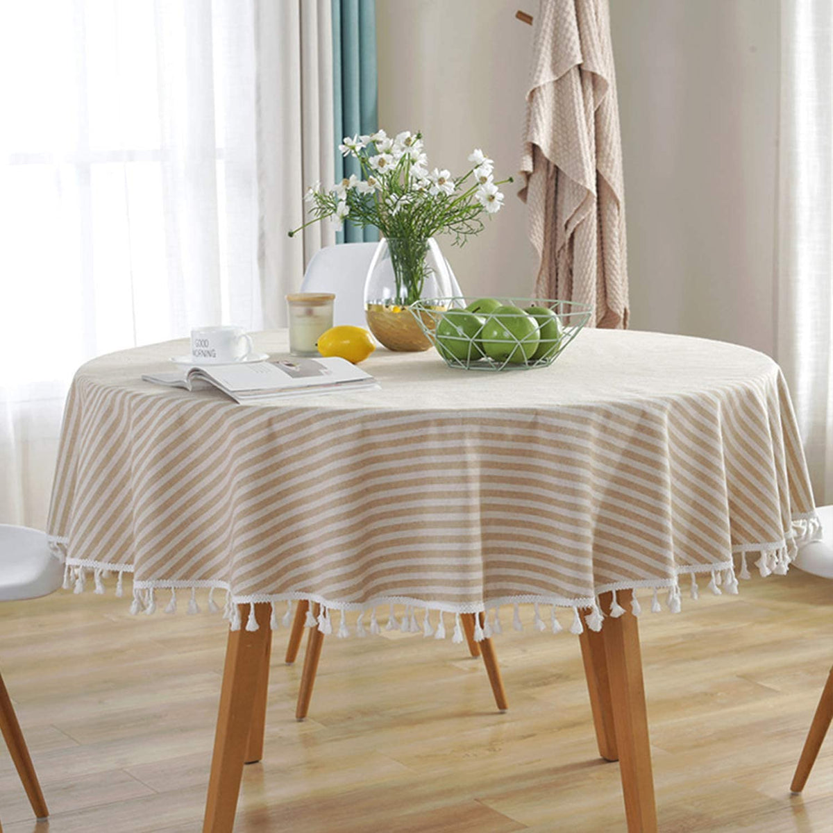 meioro Table Cloth Blue White Striped Tablecloth Tassels Cotton Blend Dust-Proof Table Cover for Dining Coffee Buffet Kitchen Picnic Tables, Parties Indoor Outdoor Square Tablecloths (36x36 Inch)