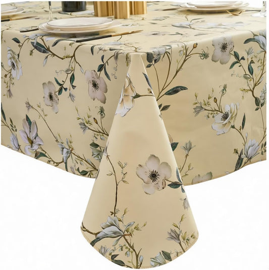 Pioggia Vinyl Tablecloth with Flannel Backing - Waterproof, Oil-Proof, Easy to Clean -Plastic Table Cloth - Perfect for Dining Tables, Kitchen Tables, Parties (Beige Flower, 54×72 Inch Rectangular)