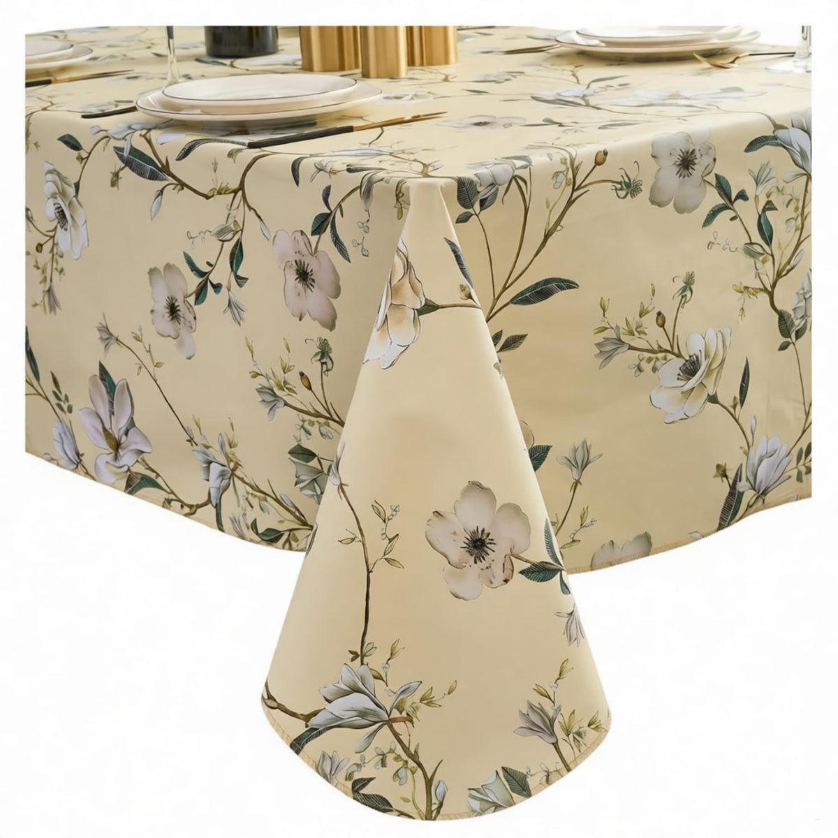 Pioggia Vinyl Tablecloth with Flannel Backing - Waterproof, Oil-Proof, Easy to Clean -Plastic Table Cloth - Perfect for Dining Tables, Kitchen Tables, Parties (Beige Flower, 54×72 Inch Rectangular)