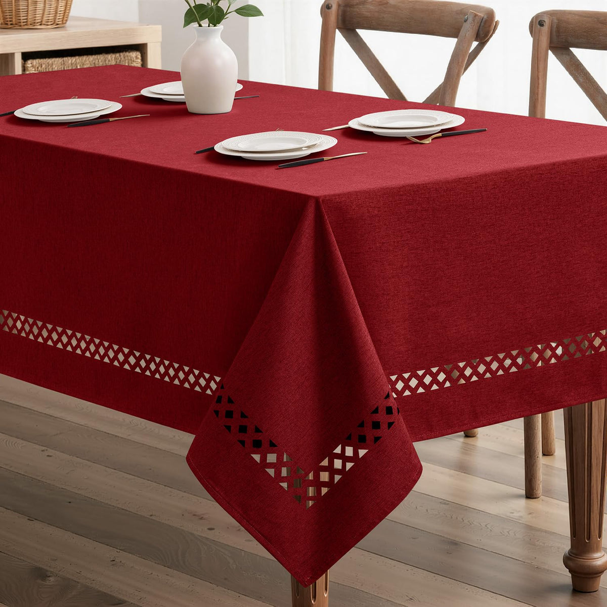 MIULEE Beige 60 Inch Round Linen Tablecloth with Decorative Cutouts