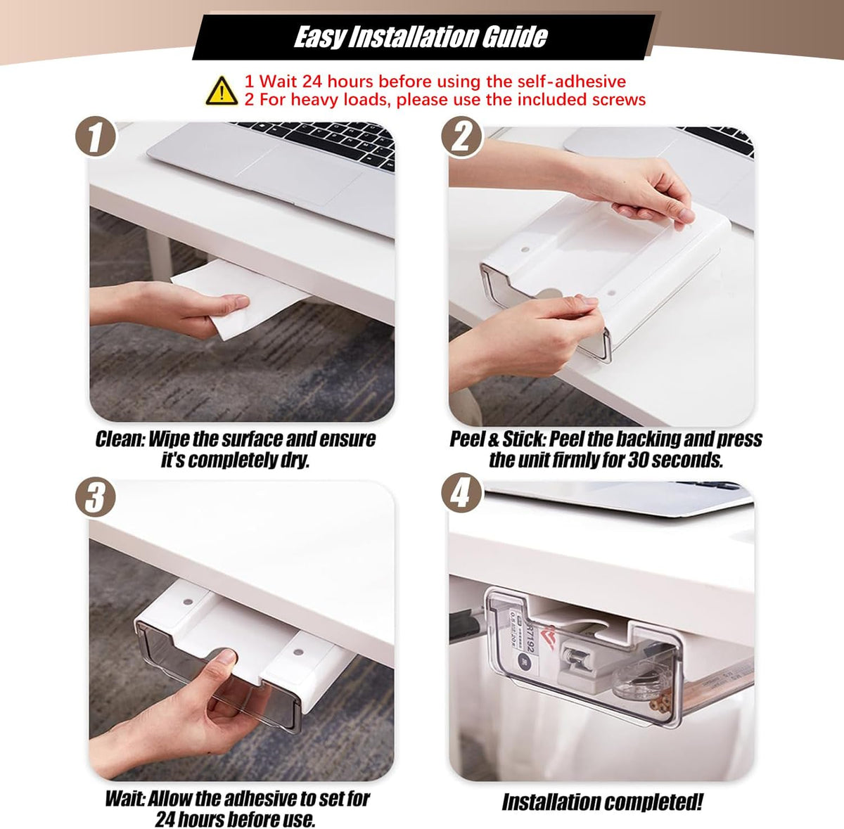 TooCust 2 Pack Under Desk Storage Drawers Slide Out-Drill-On or Self-Adhesive,Large&Medium Drawer Under Desk Organizer Under Table Drawer for Home Office School Organization and Storage