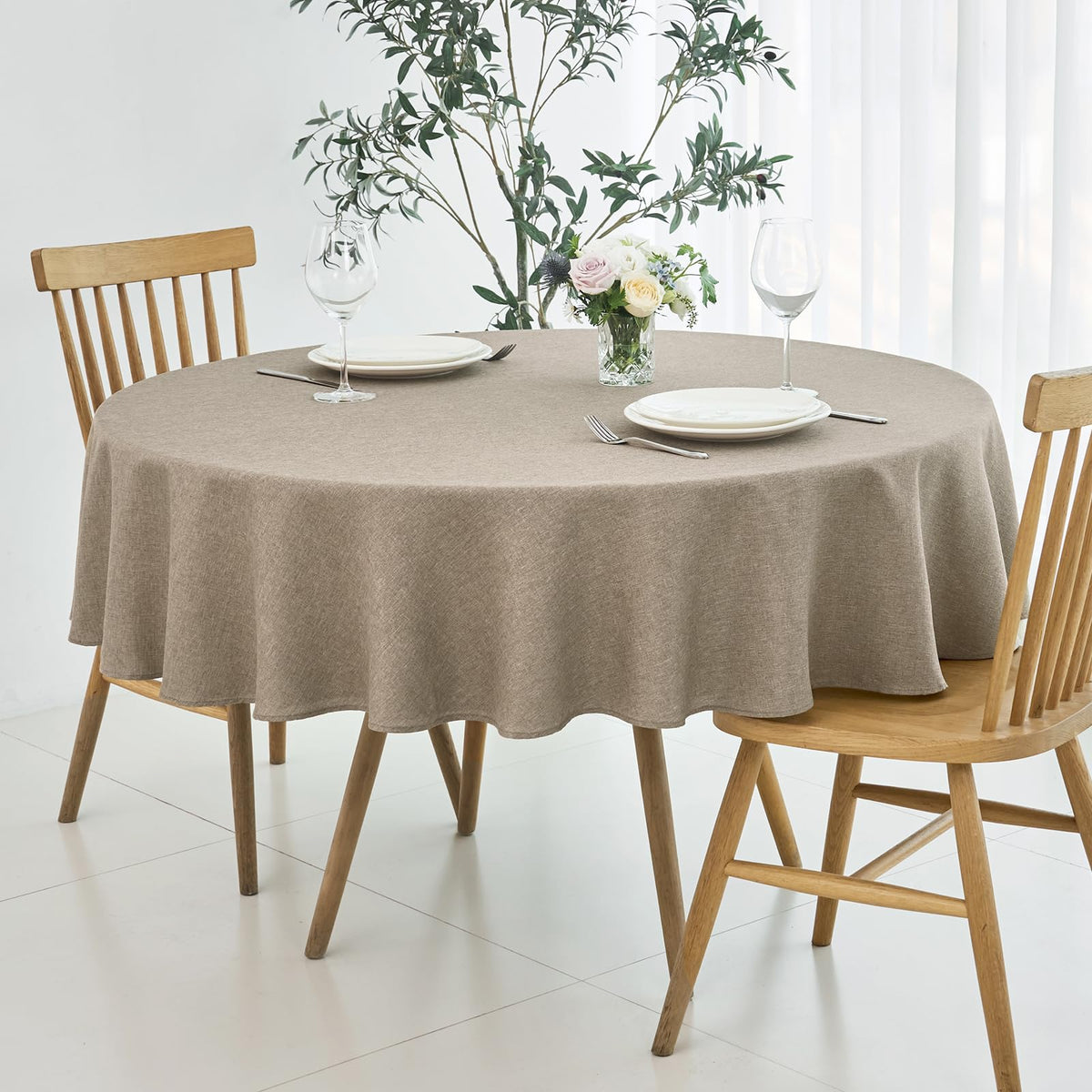 maxmill Rectangle Linen Textured Tablecloth Waterproof Spillproof Wrinkle Free Washable Fabric Table Cloth Kitchen Dining Tabletop Decoration Table Cover for Holiday Dinner Party, 52 x 70 Inch, Linen