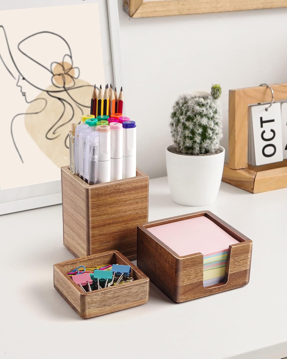 Acacia Wood Desk Organizer Set with Sticky Note Holder, Pencil Pen Cup & Paper Clip Storage, Office Desk Accessories for Marker Craft (Set of 3)