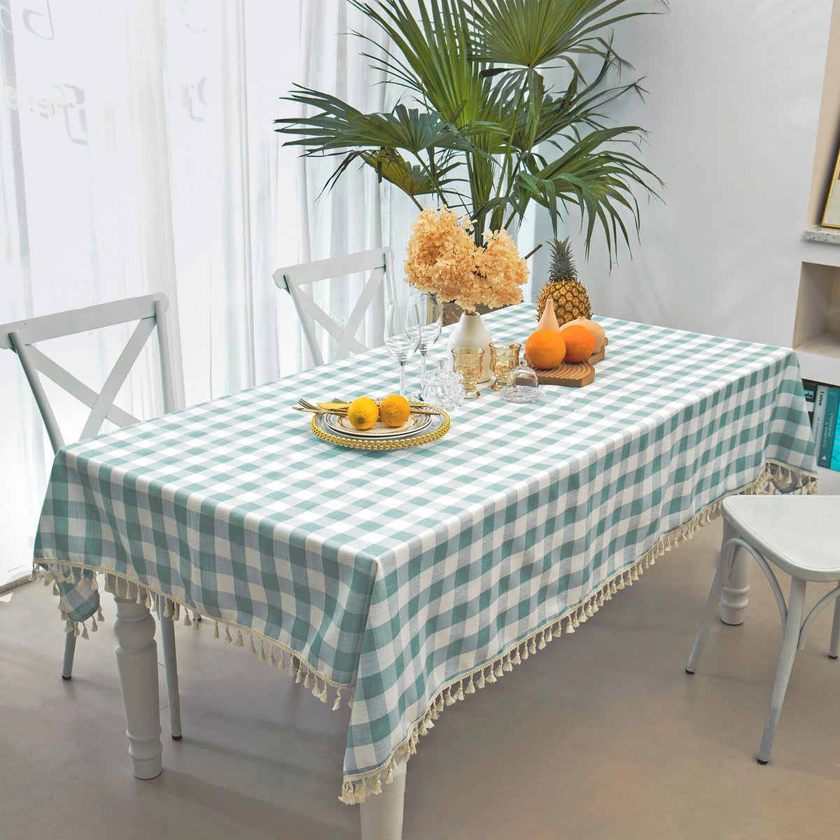 Midsummer Breeze Farmhouse Gray Khaki Gingham Tablecloth Rectangle 55”x70”