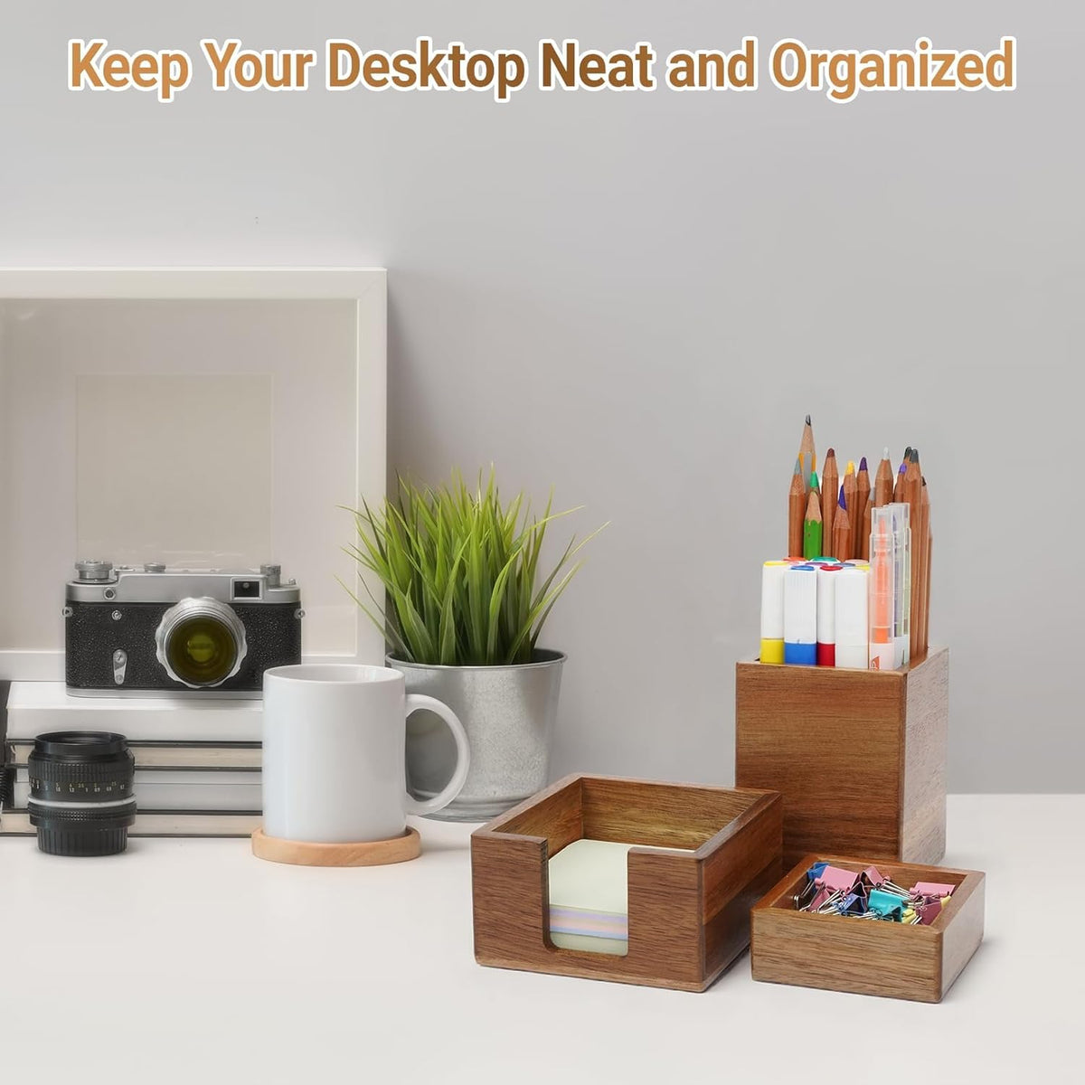 RAWILL 3 PCS Brown Wooden Desk Organizer Set Pine Wood Office Desk Accessories with Pen Holder, Paperclip Storage and Sticky Note Holder, Wood Grain Clear, Ideal Gift for Office and Family