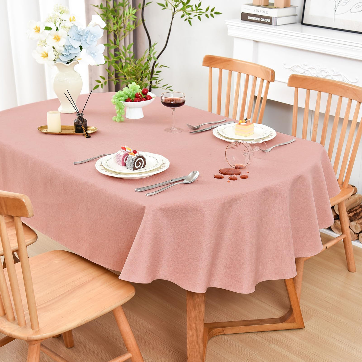 Wolkemer Oval Tablecloth 60 x 84 Inches Faux Linen Water Resistant