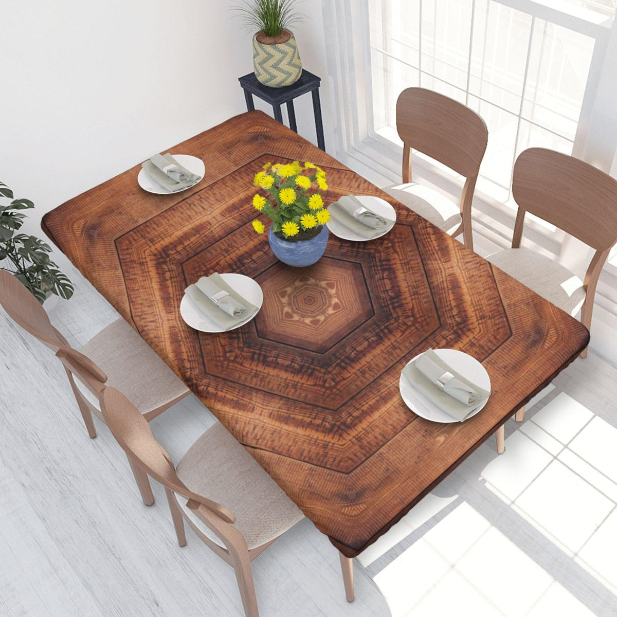 Tablecloth with Elastic Edge Black Brow Wood Grain Board Rectangle Waterproof Oil-Proof Table Cloth Washable Reusable Table Cover for Kitchen Dining, 5FT