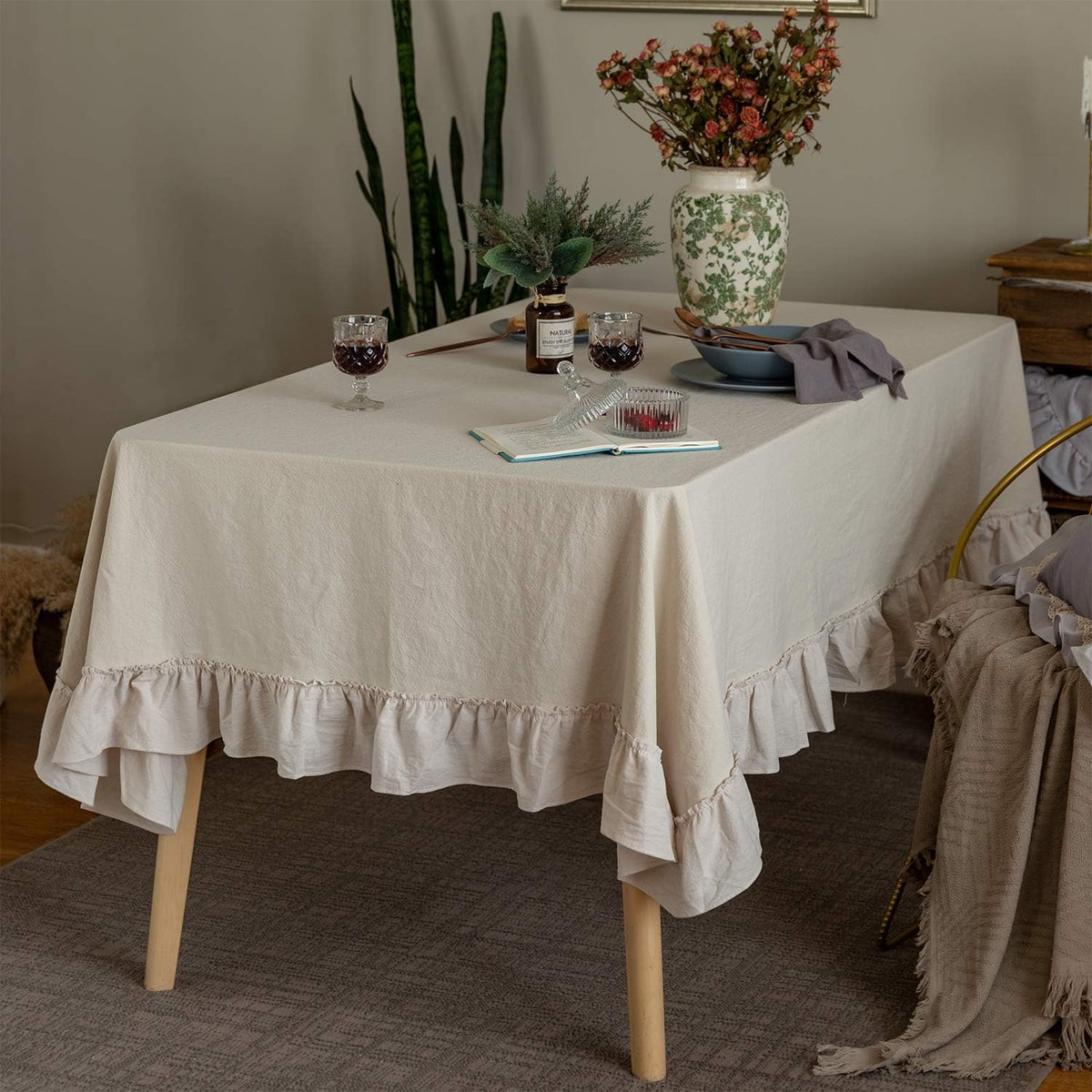 GLORY SEASON Retro Farmhouse Ruffle Tablecloth Cotton Flounces Trim Washable Table Cover Tablecloths for Rectangle Table Baby Shower Kitchen Party Wedding Decor 60''x84''