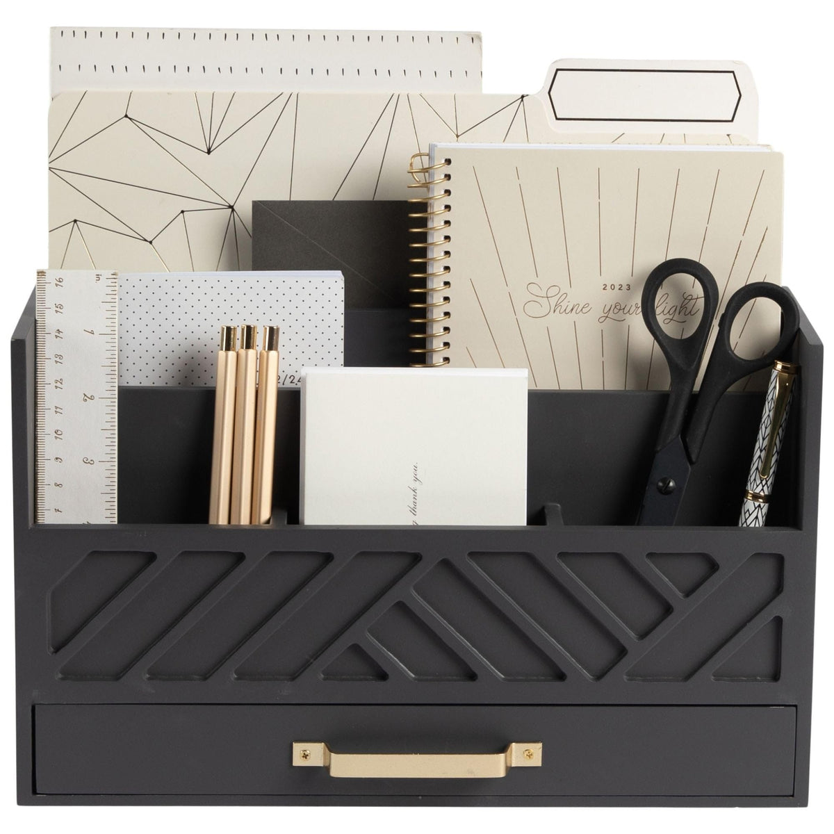 BLU MONACO | White Wooden Desk Organizer & Mail Organizer with Drawer & Gold Handle | Mail Sorter Countertop | 6 Compartments | White Desktop Organizer for Desk