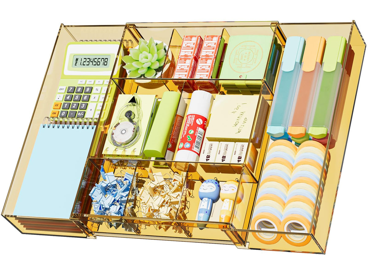 Marbrasse Expandable Desk Drawer Organizer, Clear Plastic Drawer Organizer Tray with 10 Adjustable Compartments, Desk Organizers and Accessories, 5 Drawer Dividers for Office Supplies, Makeup(Clear)