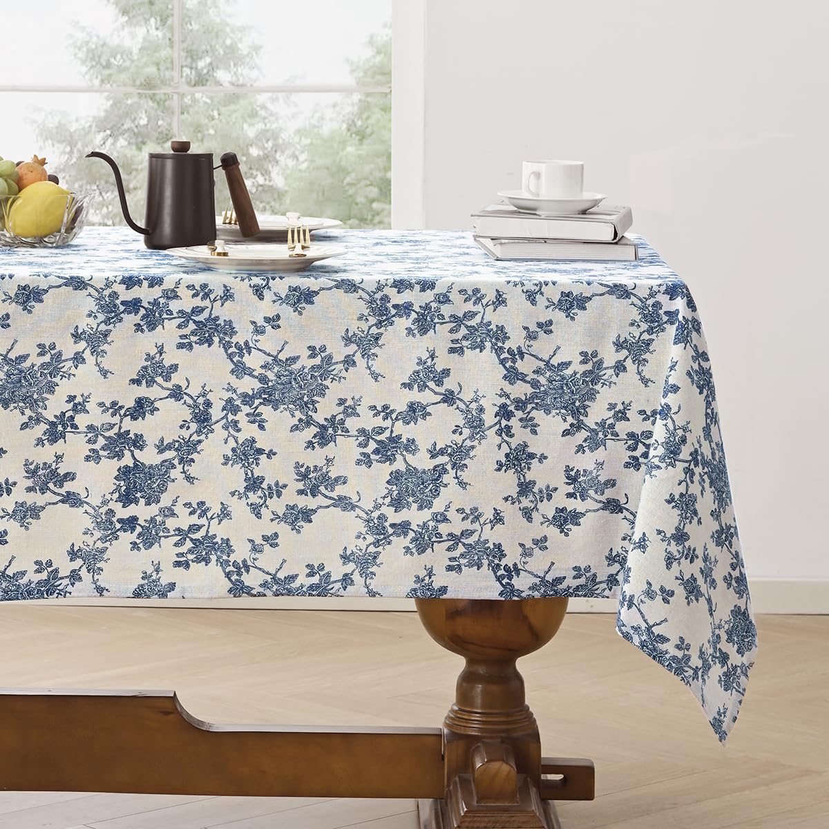 Cotton Linen Round Tablecloth, Blue Floral Table Cloth Round 47"