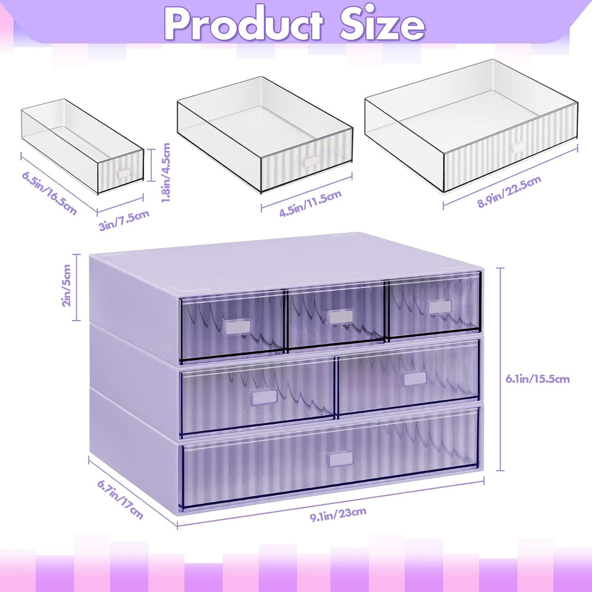 3 Tier Stackable Desk Organizer with 6 Drawers, Plastic Desktop Storage Box Drawers, Detachable Makeup Storage Office Stationery Supplies Organizer for Office School(Purple)