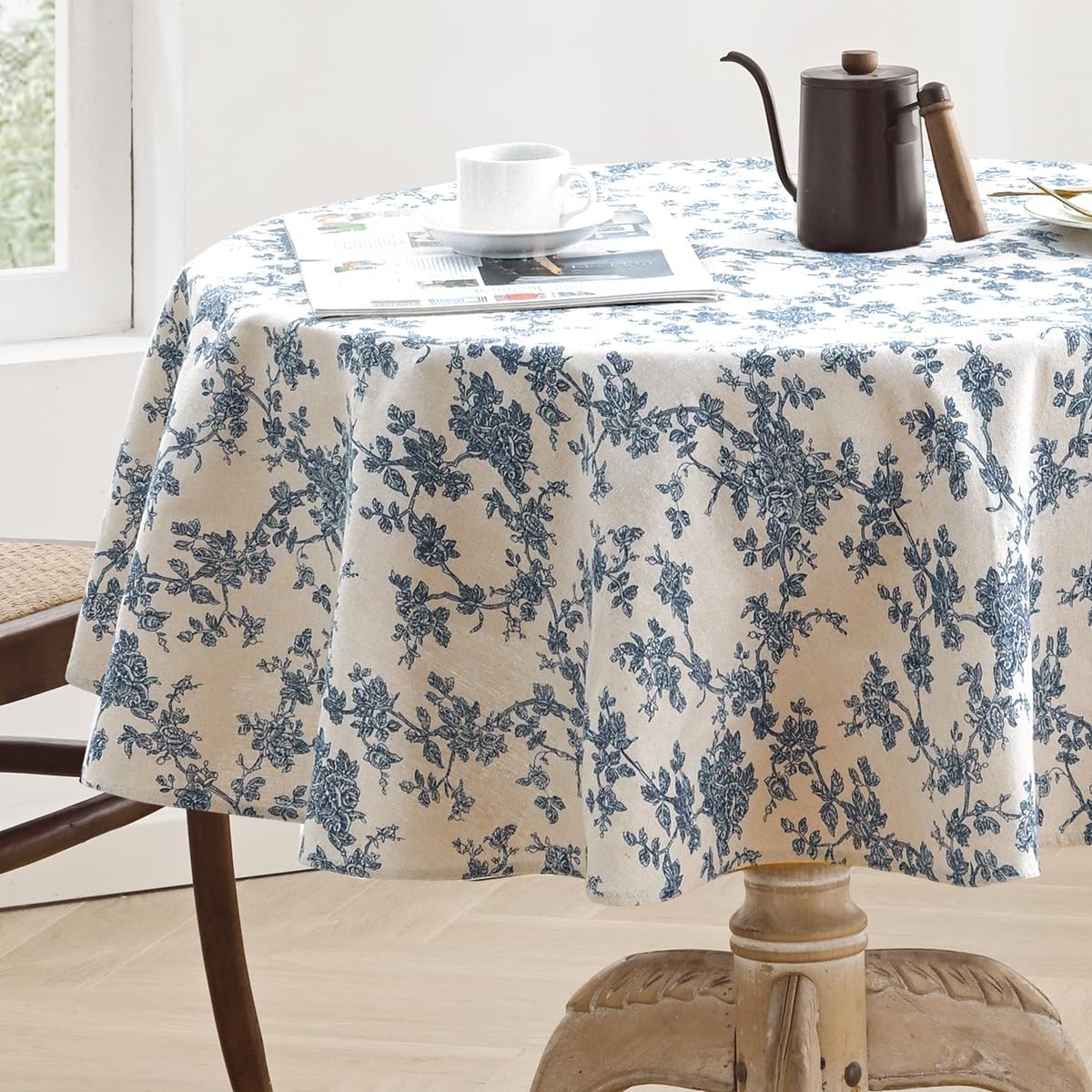 Cotton Linen Round Tablecloth, Blue Floral Table Cloth Round 47"
