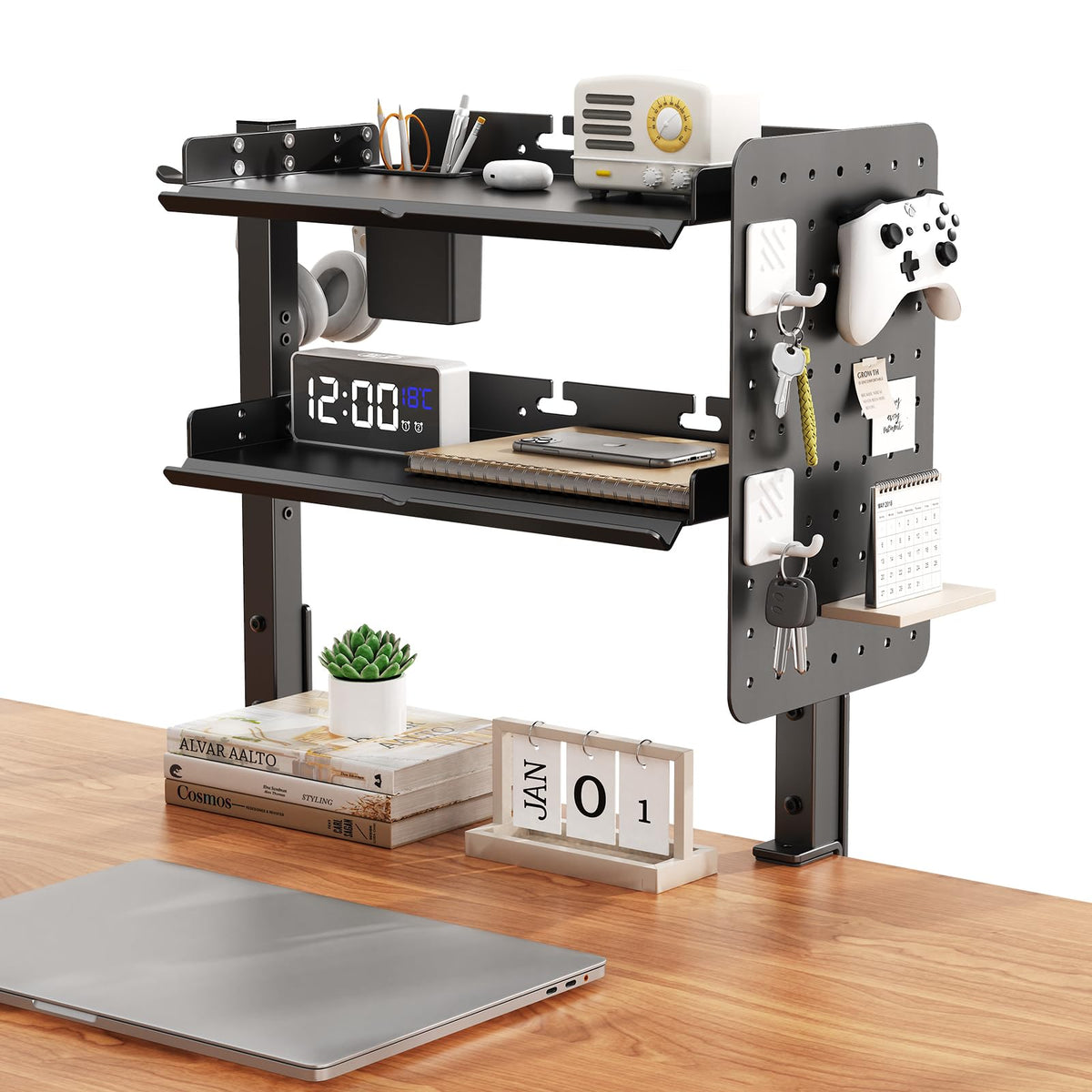 Metal Clamp On Desk Shelf,Storage Shelves with Pegboard and Pencil Holder