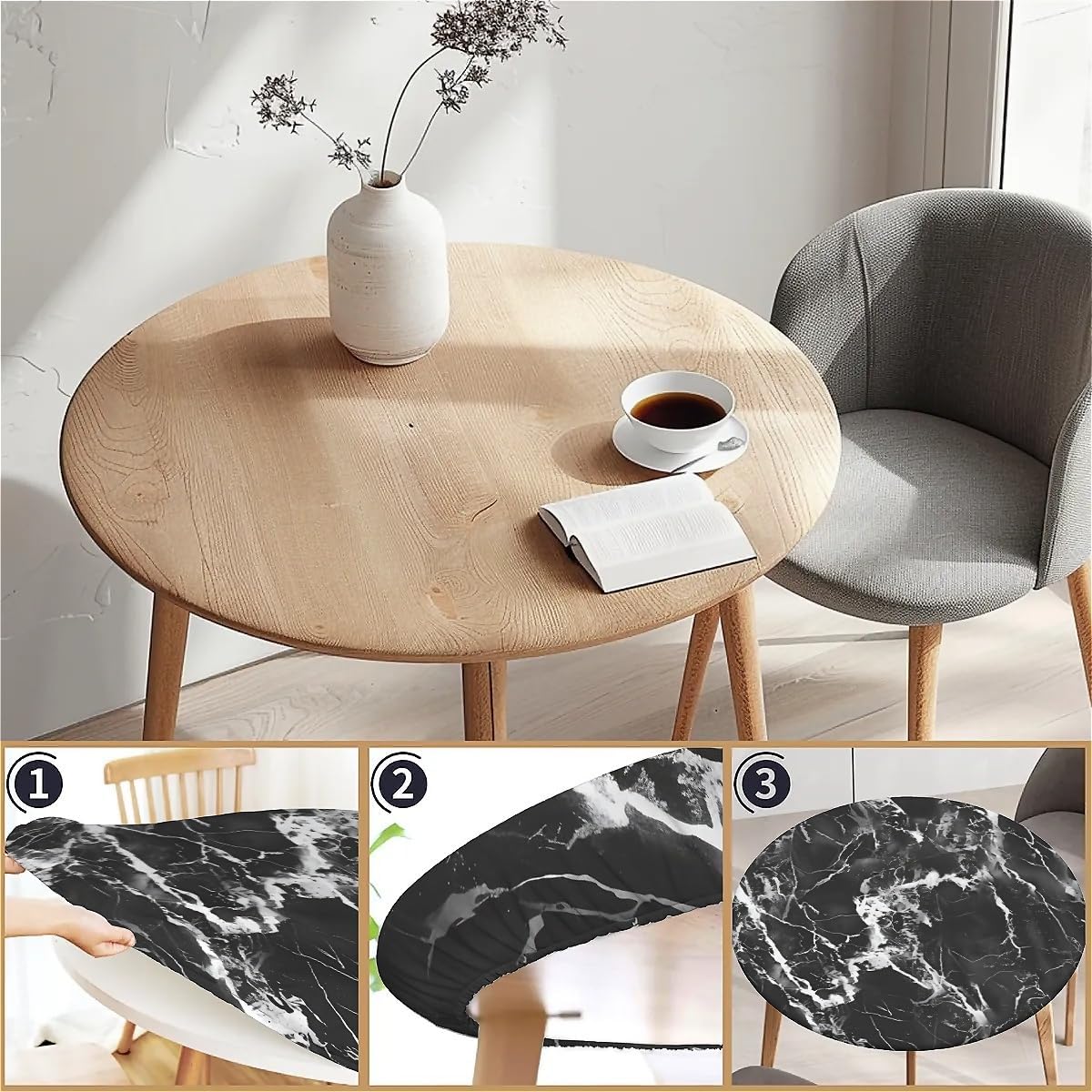 Round Fitted Tablecloth with Elastic Edge, Waterproof Stain Resistant Fabric Table Cover for 45"-48" Round Table, Indoor Outdoor Dining, Kitchen Decor, Camping, Party, Holiday, Black White Marble