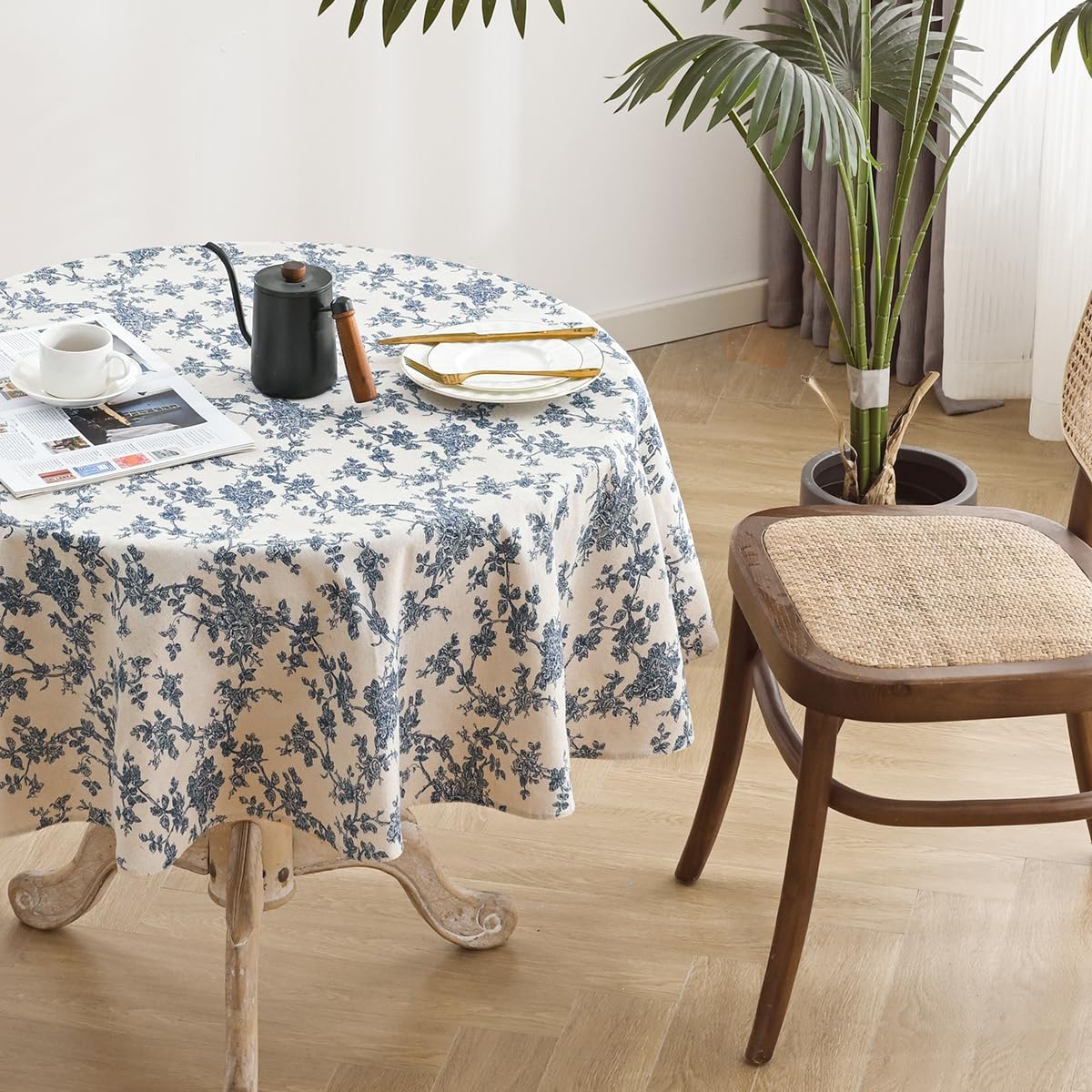 Cotton Linen Round Tablecloth, Blue Floral Table Cloth Round 47"