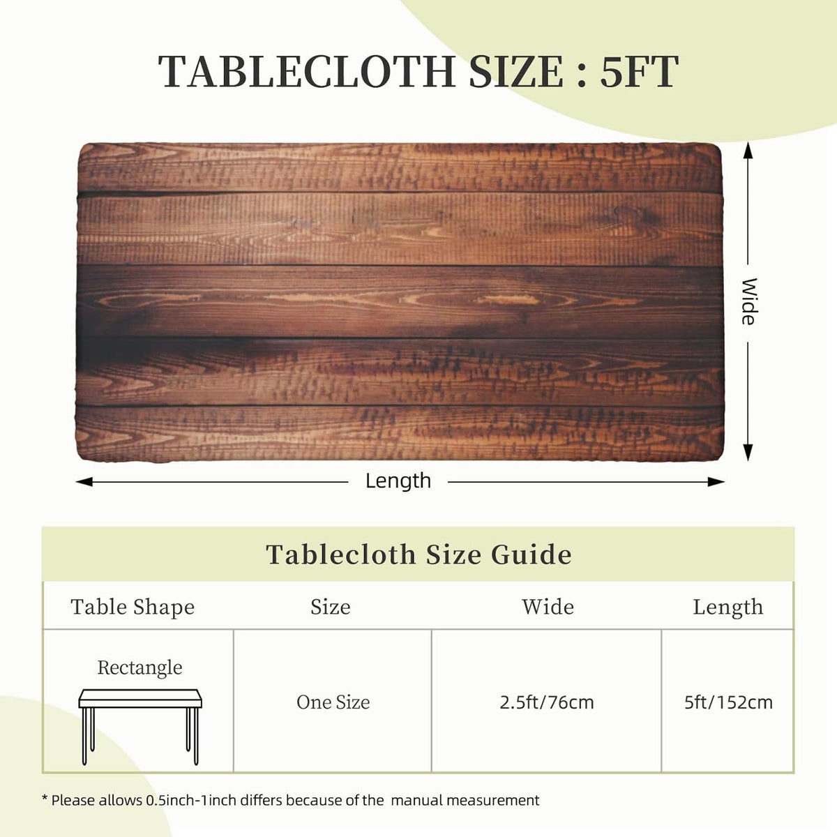 Tablecloth with Elastic Edge Black Brow Wood Grain Board Rectangle Waterproof Oil-Proof Table Cloth Washable Reusable Table Cover for Kitchen Dining, 5FT