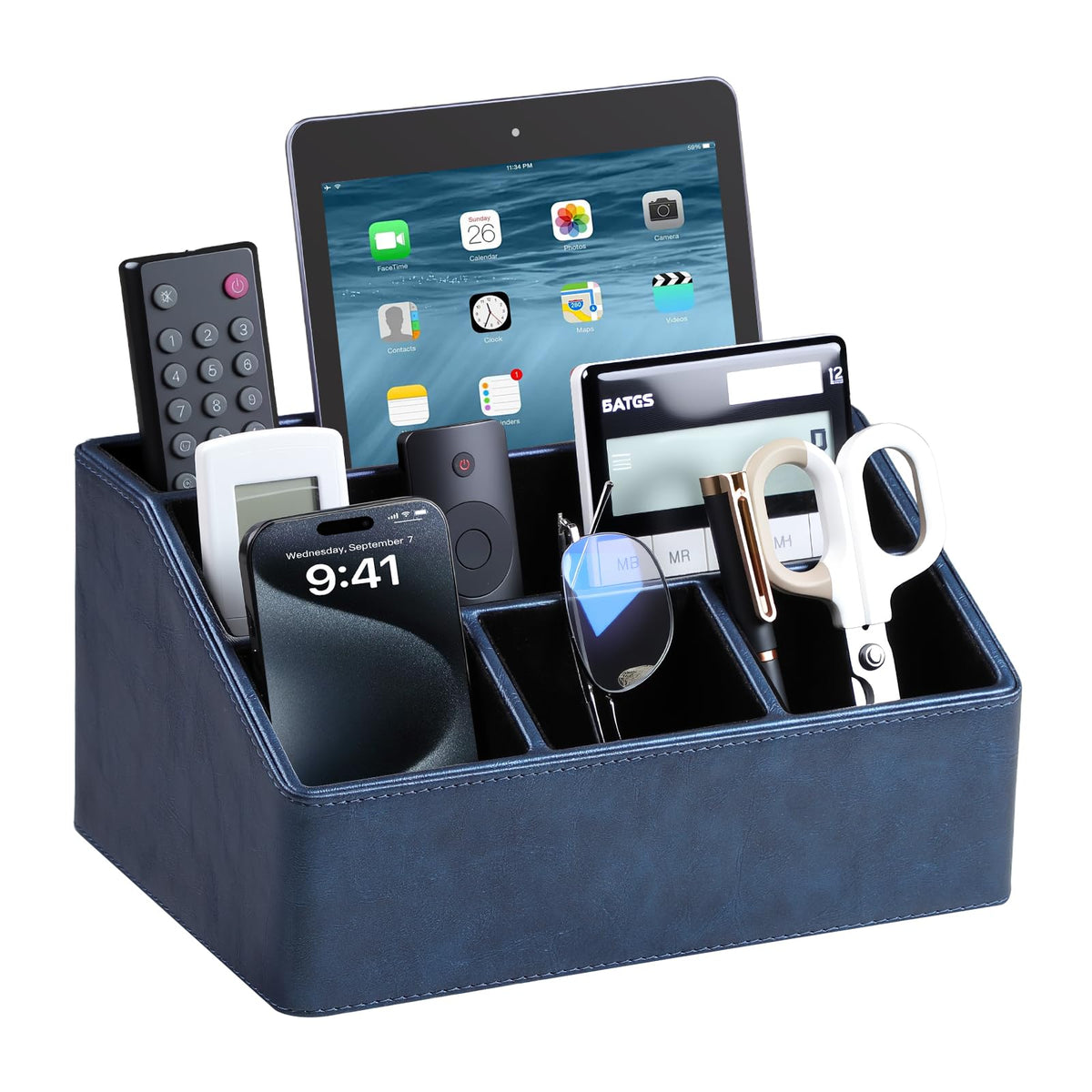 PU Leather Desk Organizer, Remote Control Holder (Brown)