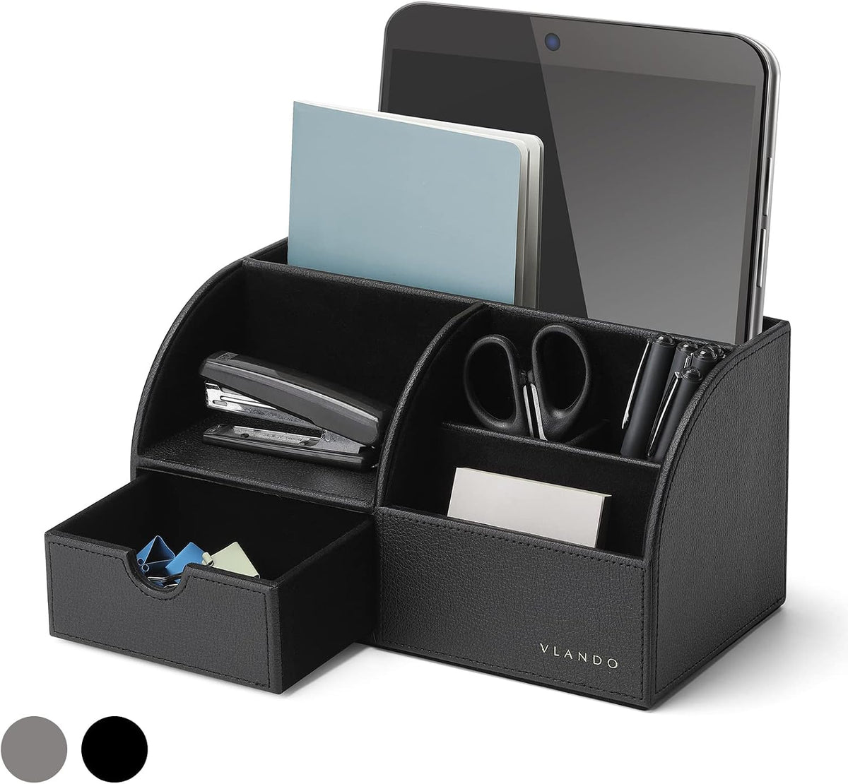 VLANDO Office Desk Organizer Leather Desktop Organizer Caddy with Drawer for Storing Desktop Supplies and Accessories (White)