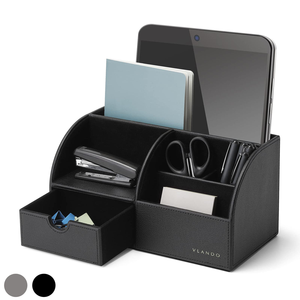 VLANDO Office Desk Organizer Leather Desktop Organizer Caddy with Drawer for Storing Desktop Supplies and Accessories (White)