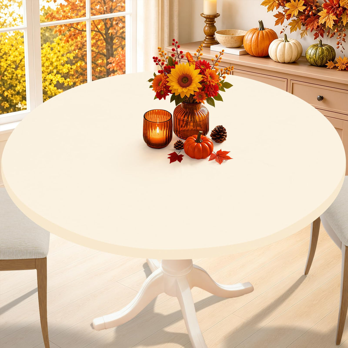 Smiry Thanksgiving Round Spandex Tablecloth, Fitted Cover for 36"-44" Table