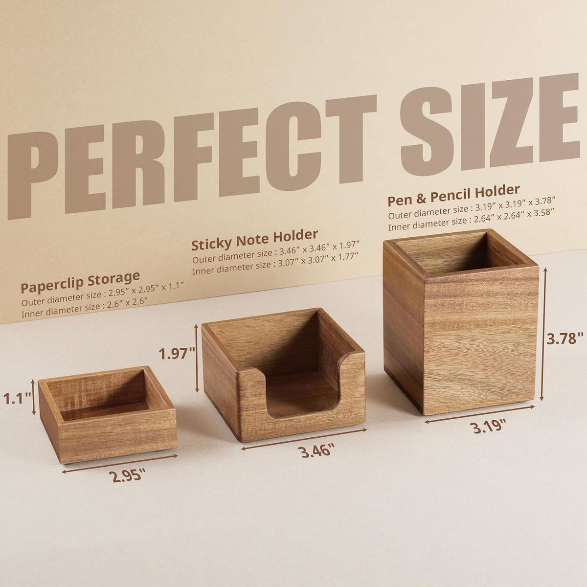 Desk Organizer Set of 3 - Acacia Wood Office Desk Accessories - Desk Organizers and Accessories for Women Men - Set incl. Pencil Pen Holder, Paperclip Storage and Sticky Note Holder