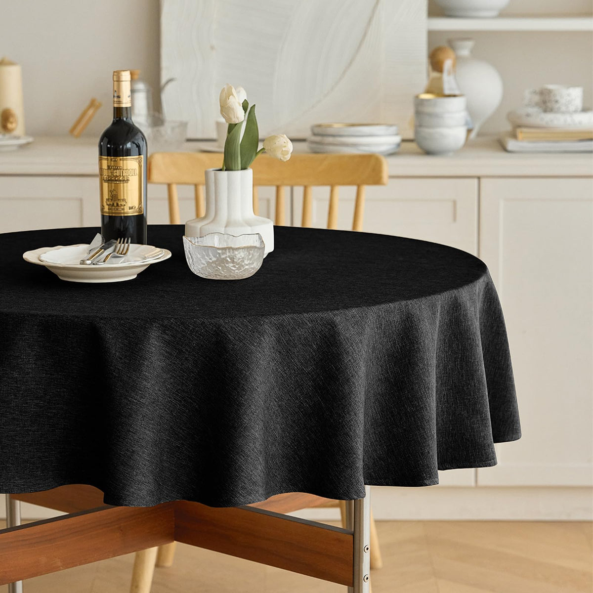 Decorelia Waterproof Round Tablecloth for Round Dining Table, Decorative Rustic Soft Wipeable Table Cloths Cover Indoor Outdoor Use for Holiday,Wedding, Kitchen (70 Inch,Round (4-6 Seats),Beige)