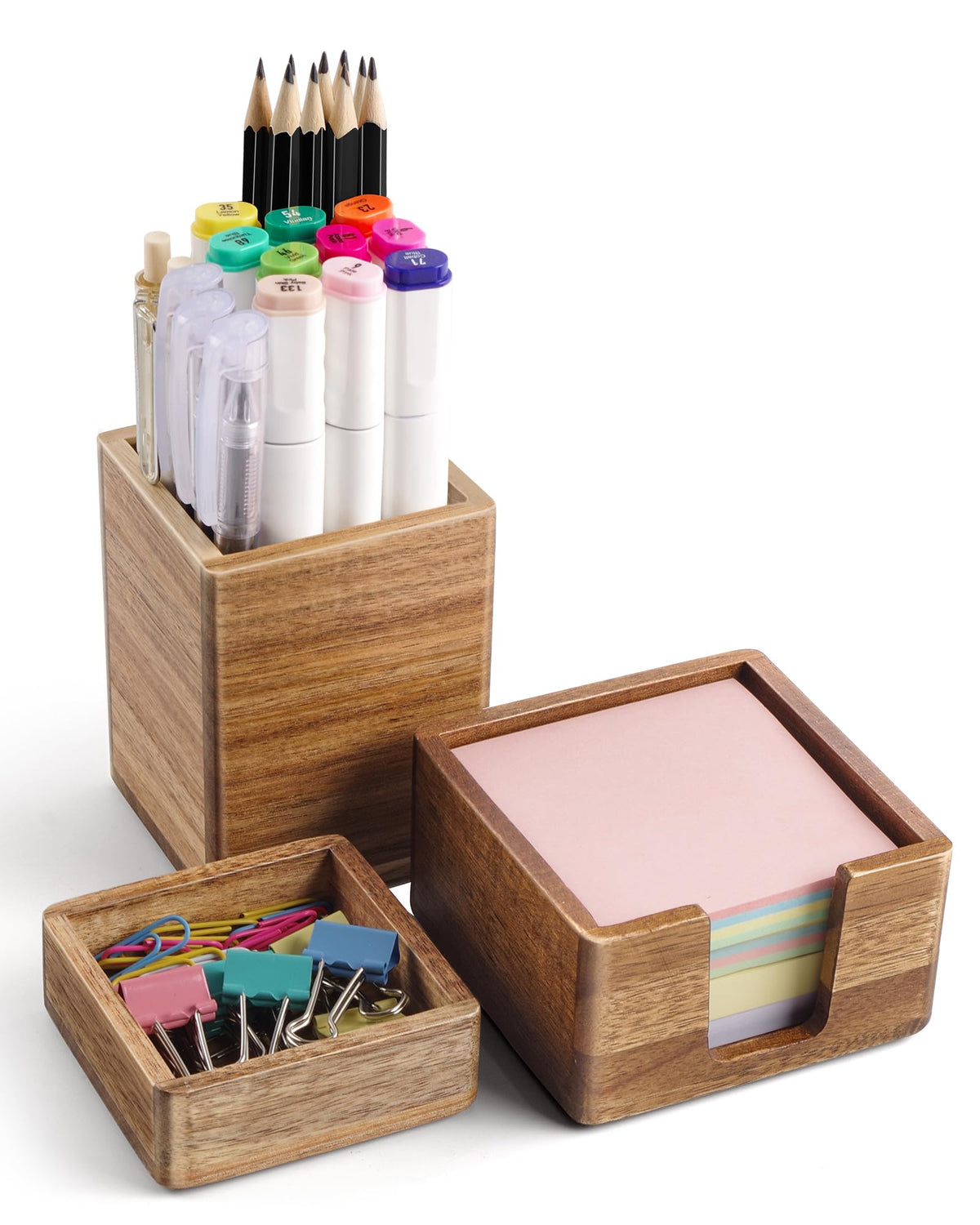 Acacia Wood Desk Organizer Set with Sticky Note Holder, Pencil Pen Cup & Paper Clip Storage, Office Desk Accessories for Marker Craft (Set of 3)