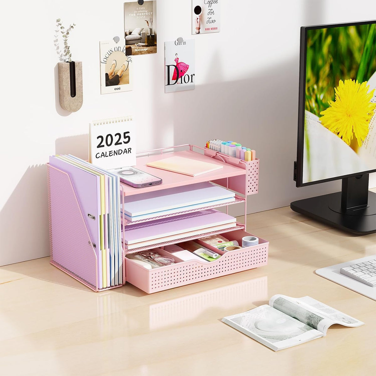 Wood Desk Organizers and Accessories with File Holder & Catalog Racks