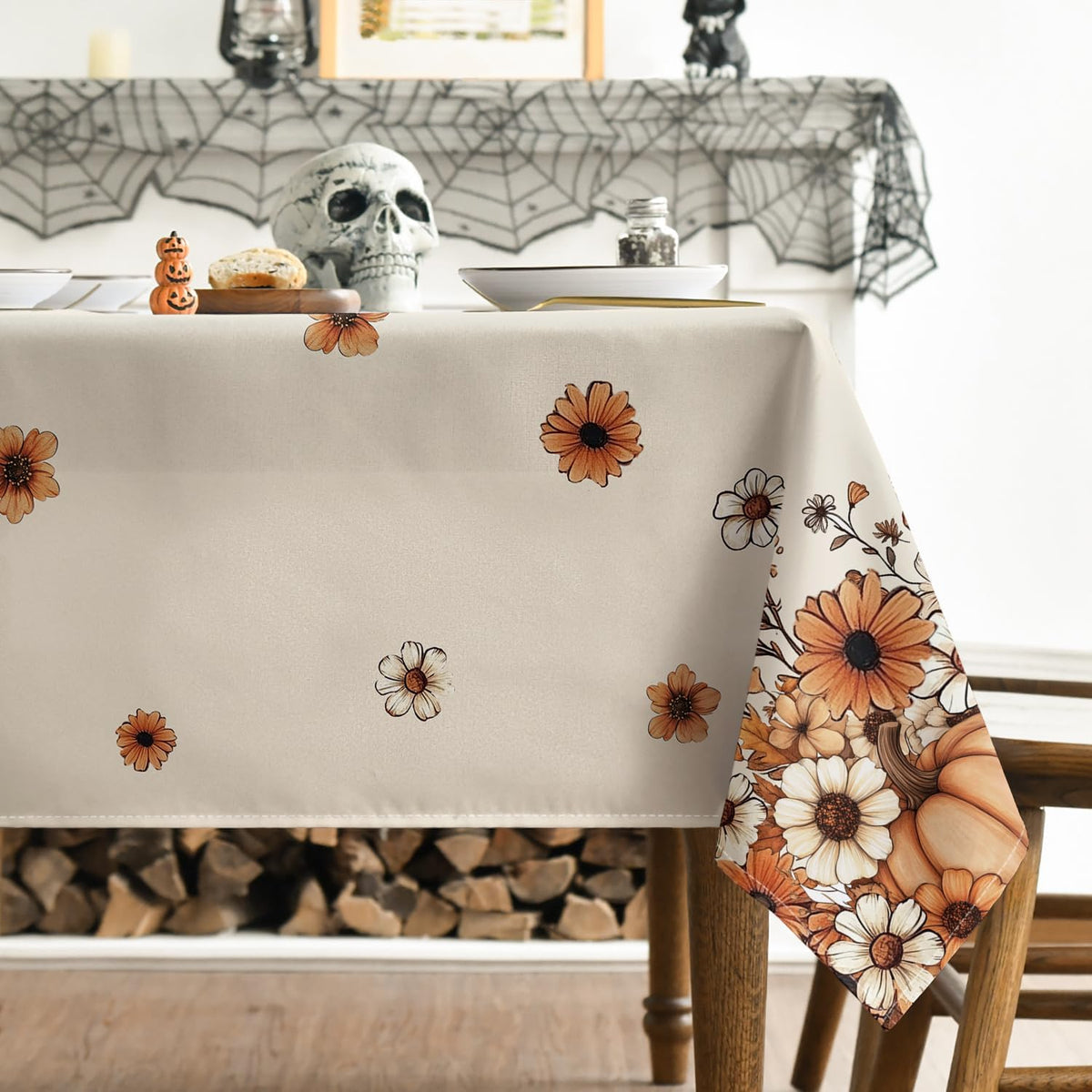 Horaldaily Halloween Tablecloth 60 x 84 Inch Rectangular Ghost Flower