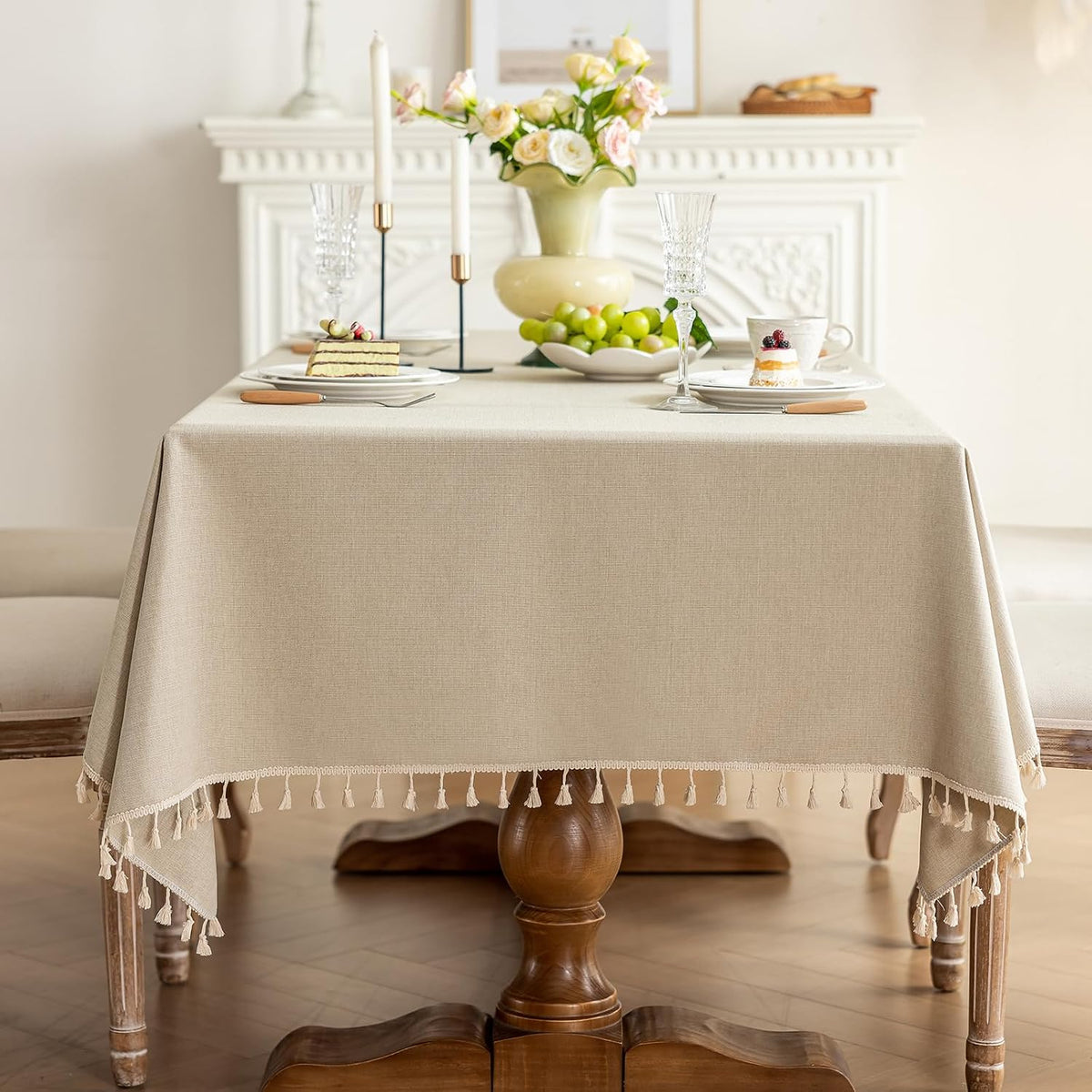 Heavyweight Polyester Square Tablecloth with Tassels, Warm Beige, 55 x 55