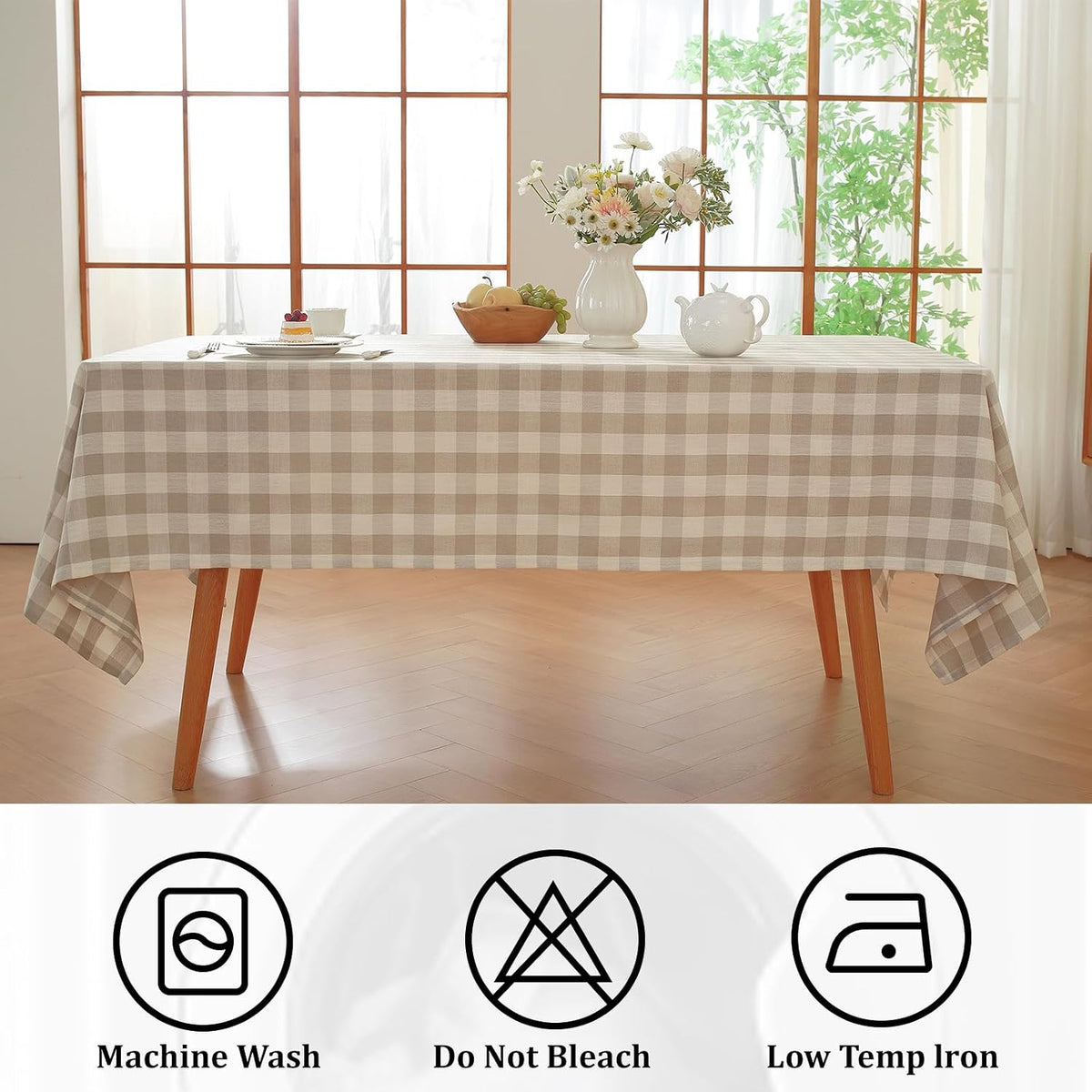 Alsoo Checkered Tablecloth Rectangle Washable Buffalo Plaid Table Cloth Cotton Linen Gingham Table Cover for Picnic Kitchen Dining Room, Beige and White, 60 * 75