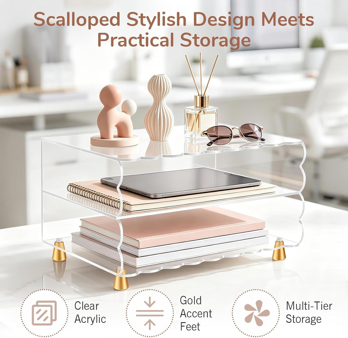 2+1 Tier Paper Letter Tray,Acrylic Desk Organizer with Scalloped Edge& Gold Metal Feet,Top Display Design,Space Saving Clear Organizer for Women, A4 File, Letter, Books,Notes,Home & Office