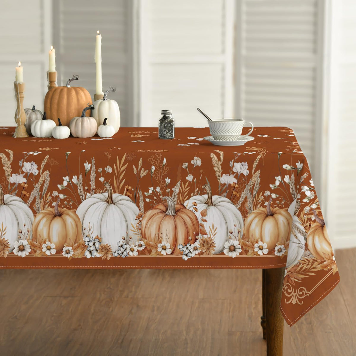 Horaldaily Fall Tablecloth 52 x 70 Inch Rectangular White Orange Pumpkin