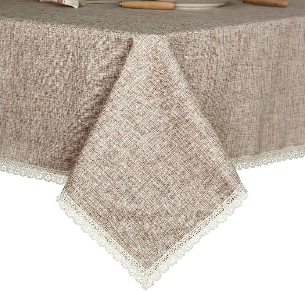 GLORY SEASON Linen Rustic Burlap Washable Tablecloth,Solid Heavy Weight Tan 55 x 70 Rectangle Overlay Lace Edge Table Cover for Kitchen Dinning Decoration