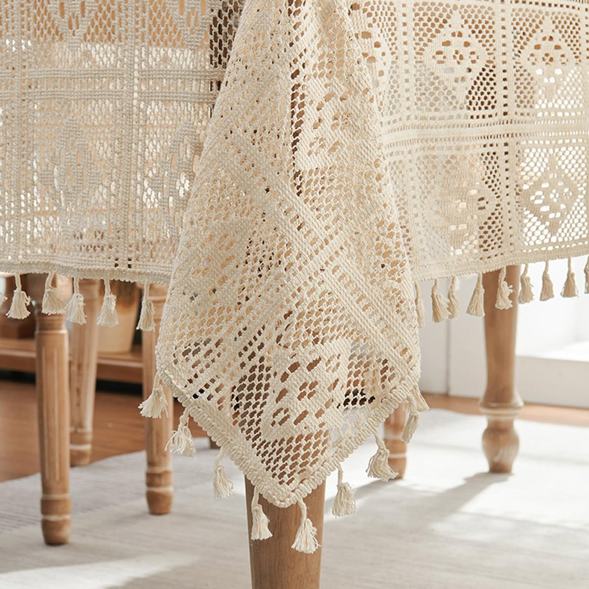 Bohemian Cotton Linen Tablecloth, Beige, 60"x70"
