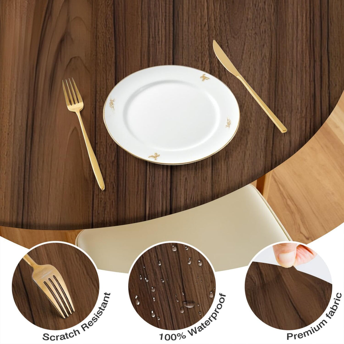 Wood Grain 48 Inch Round Fitted Cloth Tablecloth with Elastic Edged, Waterproof Oil Proof Wipeable Table Cover for Indoor Outdoor Patio Table, Fits Round Tables Up to 46" - 50" Diameter