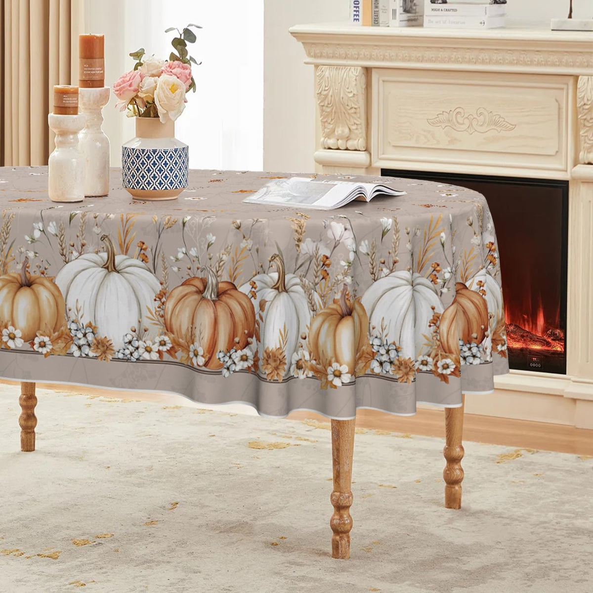 Horaldaily Fall Tablecloth 52 x 70 Inch Rectangular White Orange Pumpkin