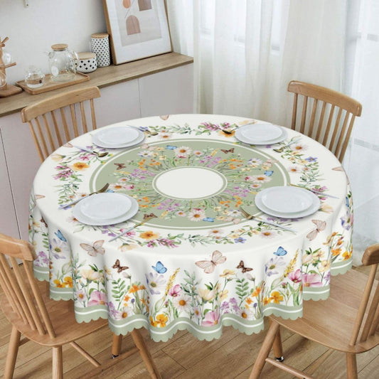 Spring Floral Tablecloth, Seasonal Wildflower Colorful Boho Butterfly Farmhouse Water Resisitant Wipeable Table Cover for Dining Kitchen Living Room Home Party Holiday Decor 36 inch Round
