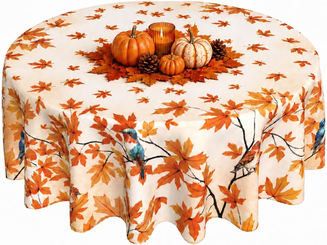 Fall Round Tablecloth 60x60 Inch Autumn Maple Leaves Birds Table Cover Holiday Decorations Seasonal Decor for Home Kitchen Dining Room Picnic Party