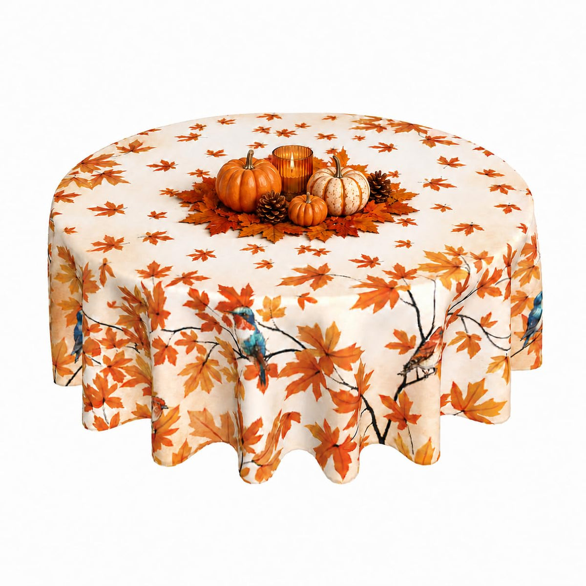 Fall Round Tablecloth 60x60 Inch Autumn Maple Leaves Birds Table Cover Holiday Decorations Seasonal Decor for Home Kitchen Dining Room Picnic Party