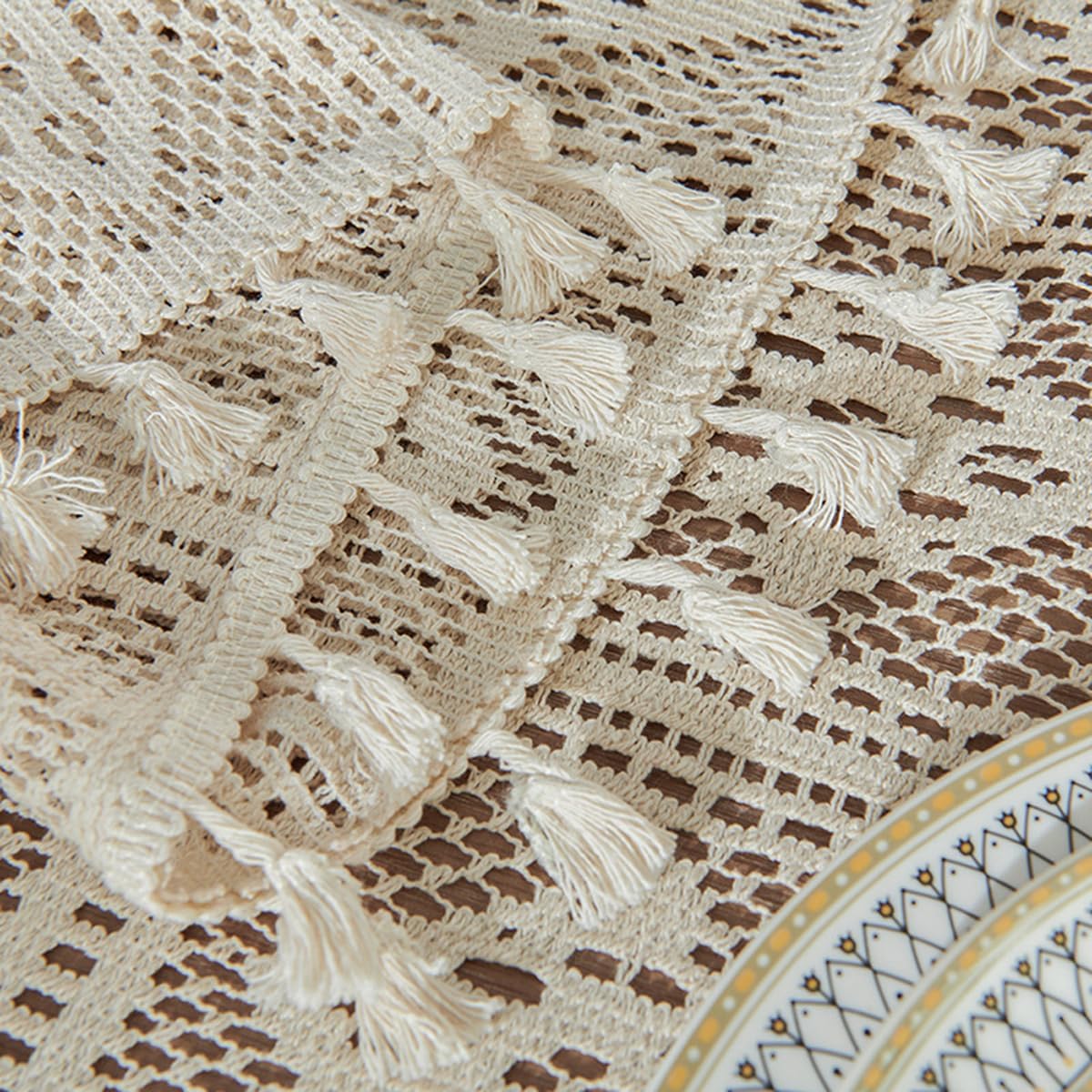 Bohemian Cotton Linen Tablecloth, Beige, 60"x70"