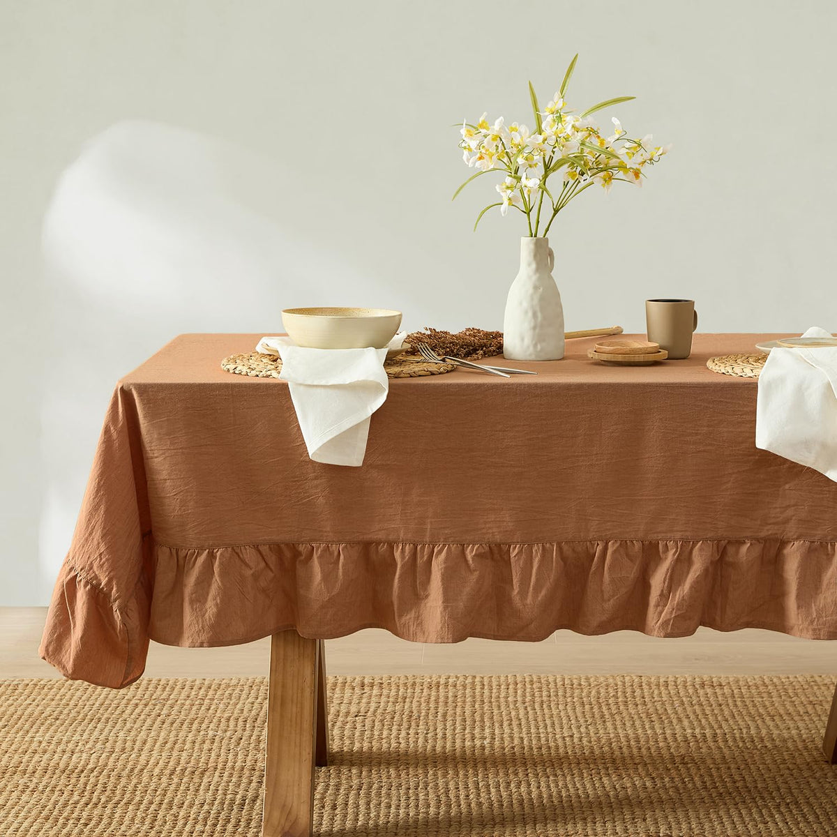 MONDAY MOOSE Ruffle Farmhouse Rustic Rectangle Natural Stonewashed Cotton Tablecloth for Kitchen, Dining Room, Restaurant (60x86 inch, Teal Green)