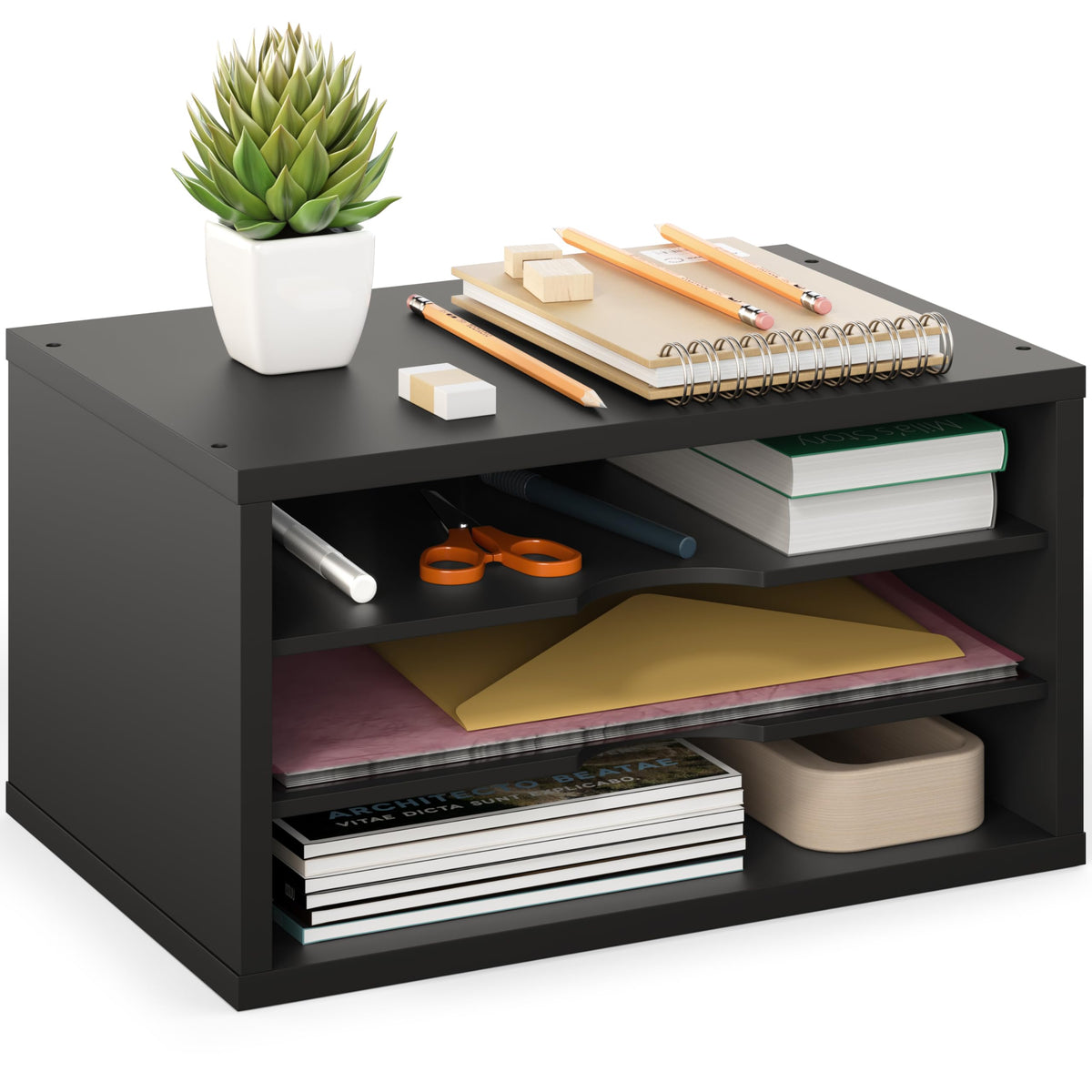 Ballucci File Organizer, 2-Tier Document Paper Sorter, Stackable Wood Desk Organizer Mail Holder, Monitor Stand with Storage Shelves, Black