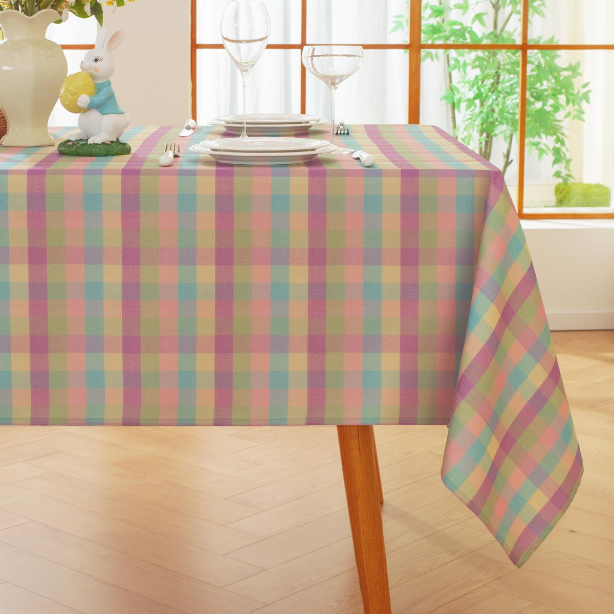 Alsoo Checkered Tablecloth Rectangle Washable Buffalo Plaid Table Cloth Cotton Linen Gingham Table Cover for Picnic Kitchen Dining Room, Beige and White, 60 * 75
