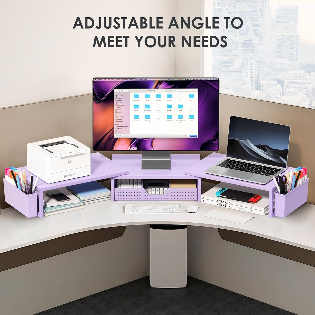 OPNICE Desk Organizers and Accessories, Dual Monitor Stand Riser with Drawer and 2 Pen Holders, Desk Shelf Computer Racks & Printer Stand for Office Workspace Organizers, Desktop Organization (Purple)