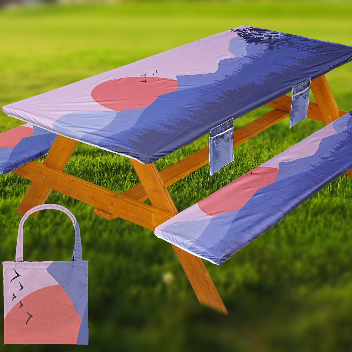 Fitted Picnic Table Cover with Bench Covers Vinyl Waterproof Elastic Edges Fitted Rectangle Tables Patio Tablecloth Camping Gear and Essentials Rv Accessories Road Trip Supplies Car Travel Must Haves