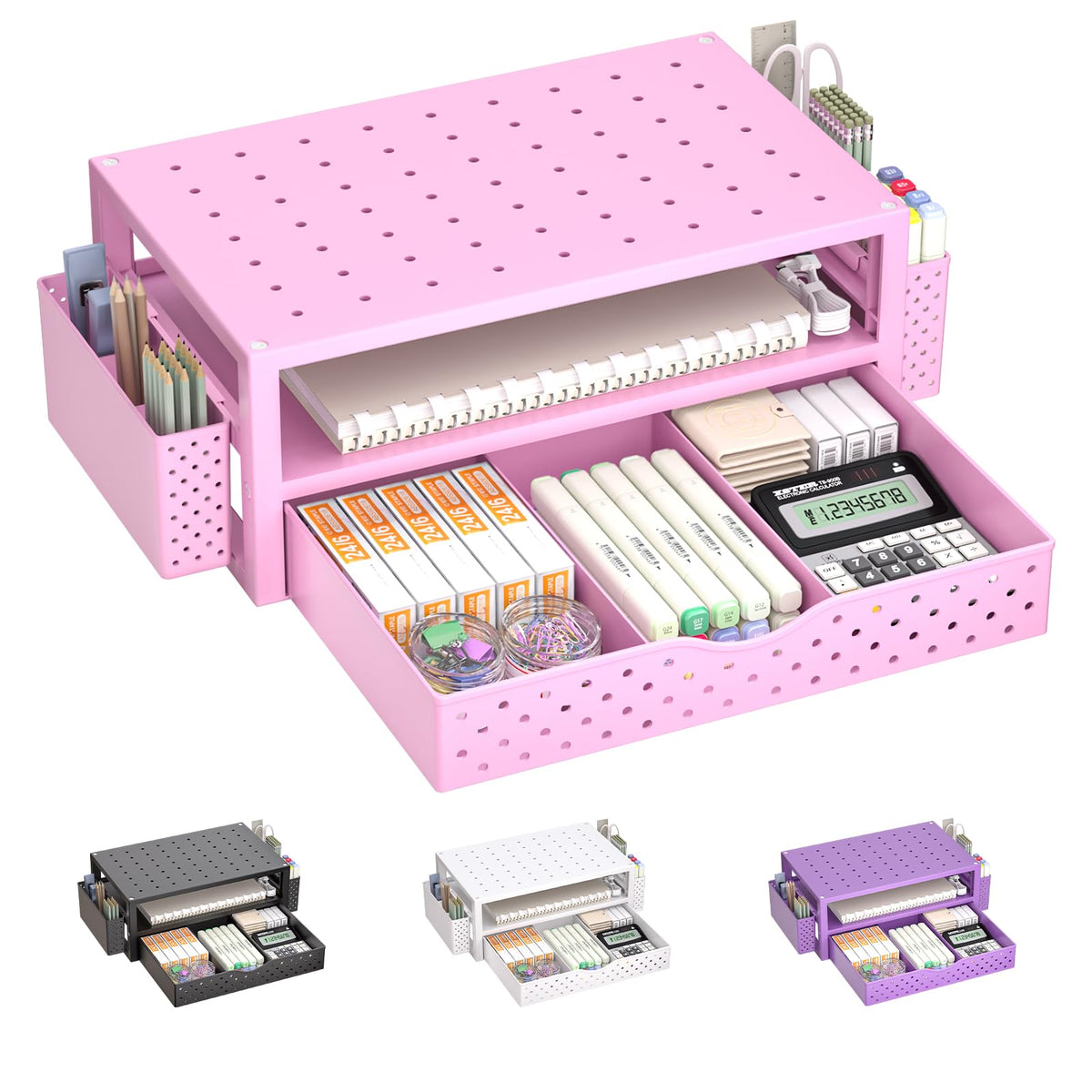 WALI Desk File Organizer, 4 Tier Desktop Paper Letter Tray Organizer with Drawer and 2 Pen Holders, Office Desk Accessories & Workspace Organizers for Office, Home Supplies(DO005DH-P), 1 Pack, Pink