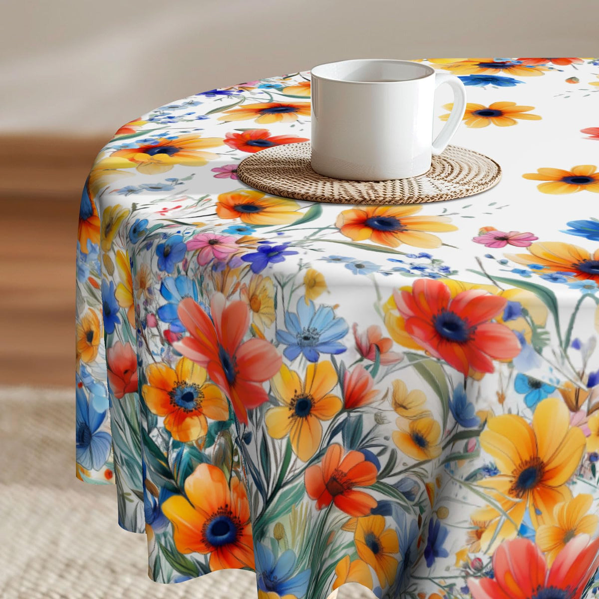 Imiss Floral Round Tablecloth Durable Washable Table Cover Bohemian Blue Red Floral Branches Decorative Farmhouse Table Cloth 60 Inch for Kitchen Dining Party Camping